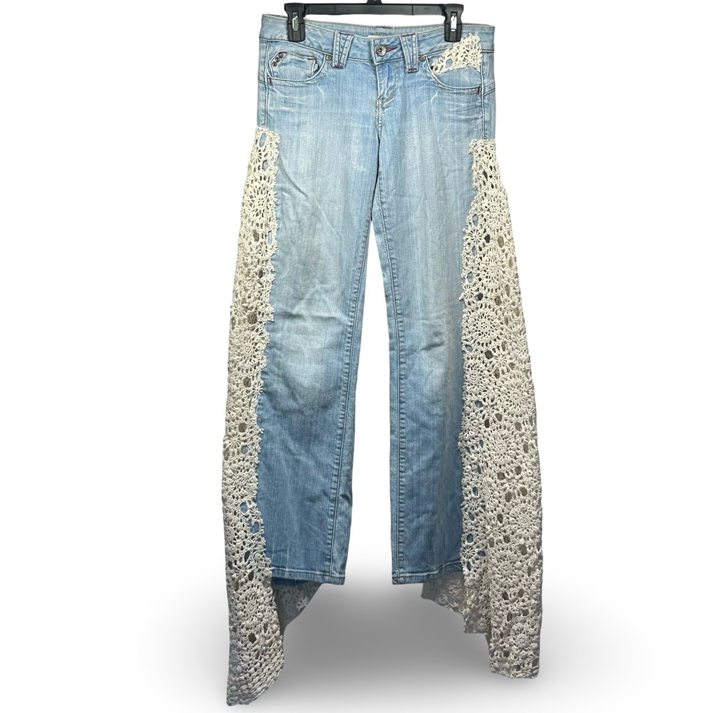 Cornfed Cowgirl Upcycled Crochet Denim Wide Leg Jeans Size 7 Refurb Handmade